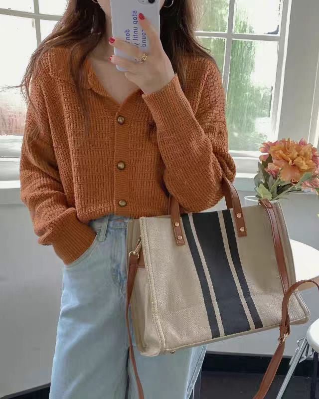 Wool Cardigan Polo Collar Sweater