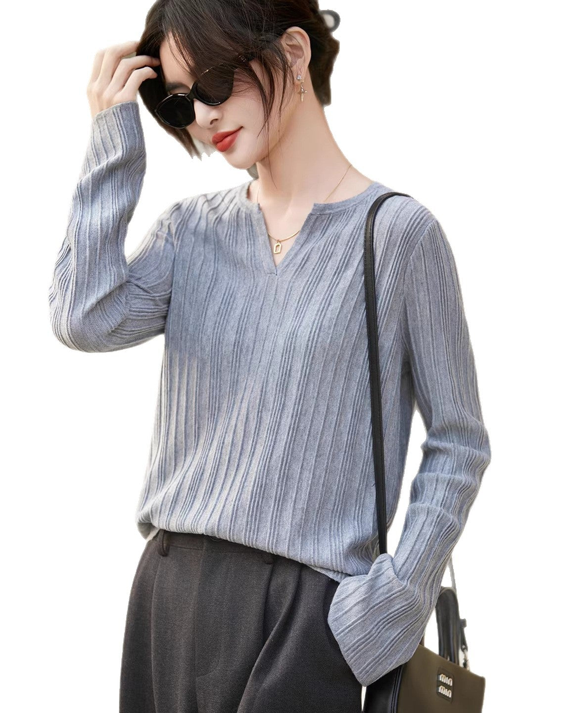 Ribbed V-Neck Bell Sleeve Knit Top