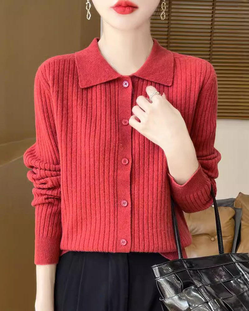 Wool Cardigan Polo Collar Knit Sweater