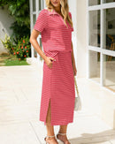 Collared Short-Sleeved Slit Skirt Two-Piece Set