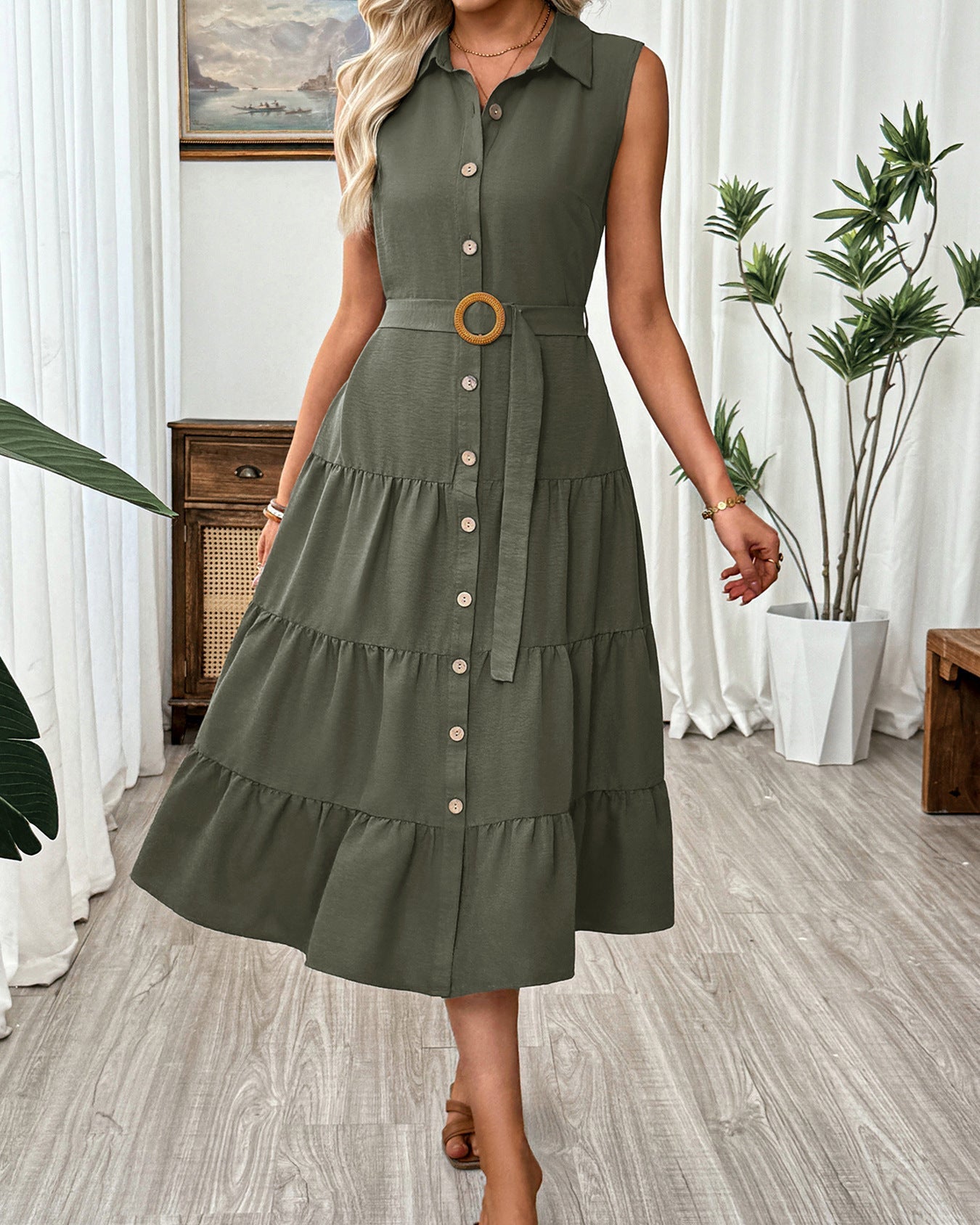 Belted Tiered Midi Dress | Timeless Casual Elegance
