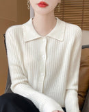 Wool Cardigan Polo Collar Knit Sweater
