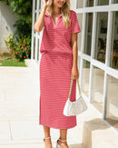 Collared Short-Sleeved Slit Skirt Two-Piece Set