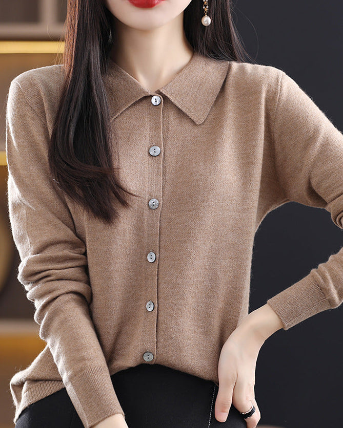 Woman layering the Basic Wool Shirt Cardigan, superfine Merino and shirt-style lapels give nautical polish—your wind-proof 45-65 °F fall-through-spring essential.