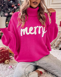 High-Neck Batwing Sleeve Christmas Knit Sweater