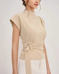 Semi-High Neck Short-Sleeve Waist-Defining Top