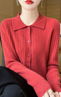 Wool Cardigan Polo Collar Knit Sweater