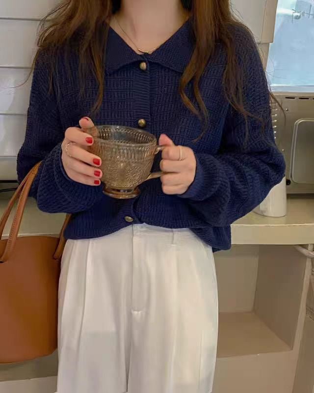 Wool Cardigan Polo Collar Sweater