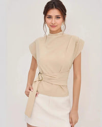 Semi turtleneck short sleeved button top with waist tie for women, crafted from soft breathable fabric, featuring a relaxed silhouette and a unique waist knot detail perfect for spring and summer minimalism .