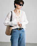 Loose-Fit Long-Sleeve V-Neck Linen Shirt