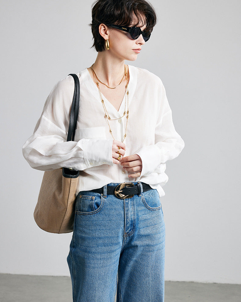 Loose-Fit Long-Sleeve V-Neck Linen Shirt