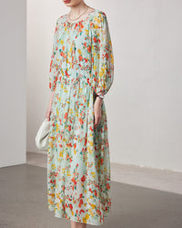 Printed Silk Three-Quarter Sleeve Dress