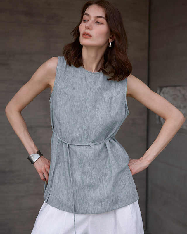 Mid-Length Crew Neck Linen Vest