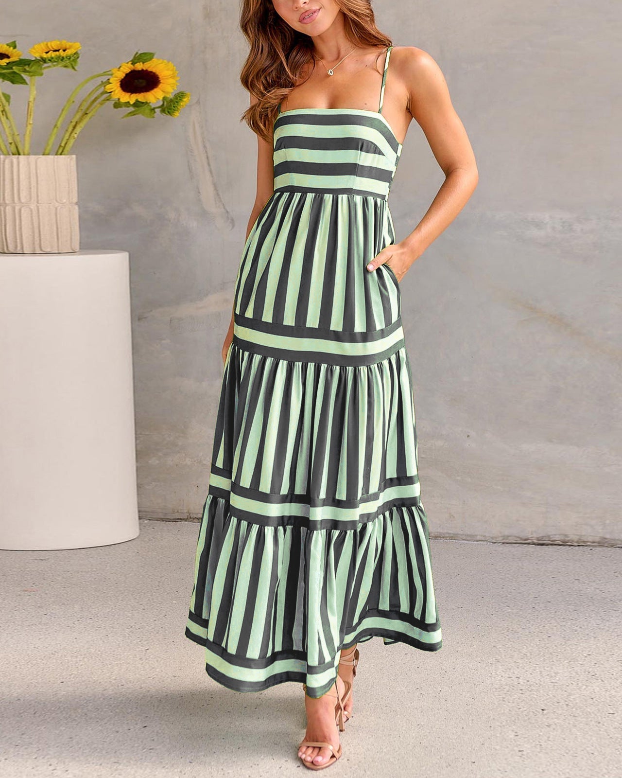 Striped Halter-Neck Backless Pocket Dress