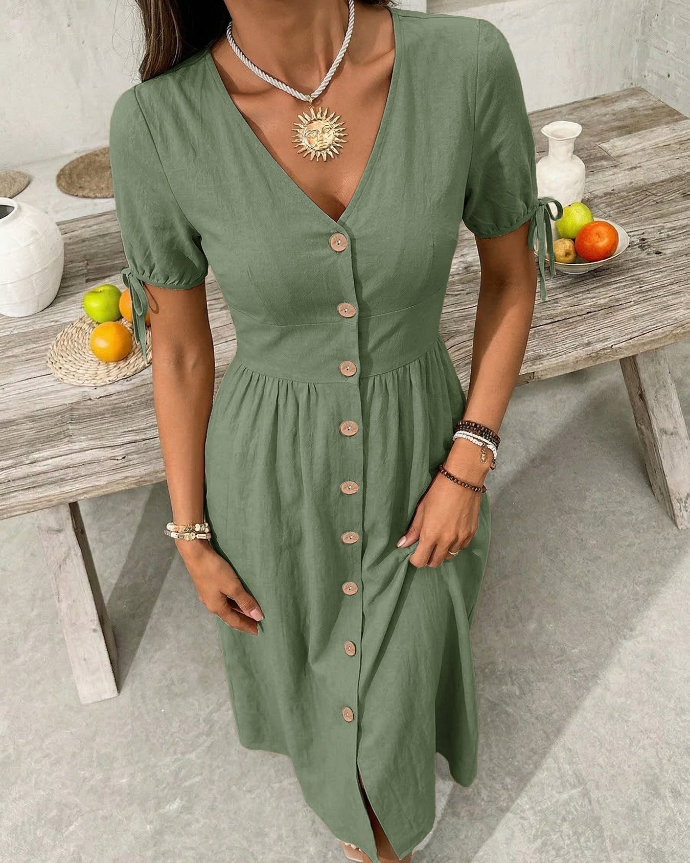 Casual Short-Sleeved V-Neck Dress