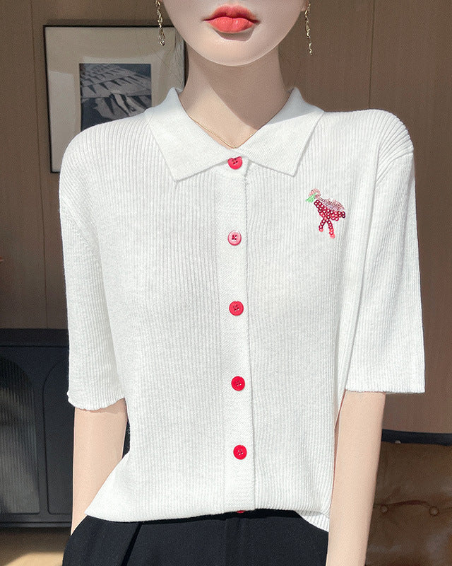 New Wool Polo Collar Short-Sleeved Cardigan