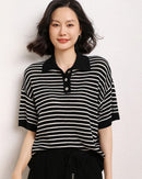 Women's casual short-sleeve striped knit sweater made of soft wool featuring a timeless colorblock pattern perfect for spring and summer layering.