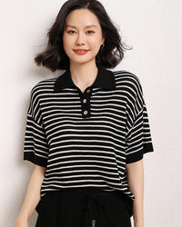 Women's casual short-sleeve striped knit sweater made of soft wool featuring a timeless colorblock pattern perfect for spring and summer layering.