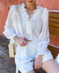 V-Neck Lace-Trimmed Puff-Sleeve Blouse