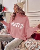 High-Neck Batwing Sleeve Christmas Knit Sweater
