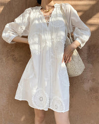 Pure Cotton Embroidered V-Neck A-Line Dress