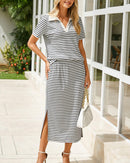 Collared Short-Sleeved Slit Skirt Two-Piece Set