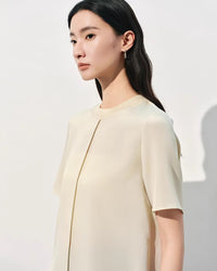 Crew Neck Loose-Fit Pleated T-Shirt