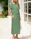 Collared Short-Sleeved Slit Skirt Two-Piece Set