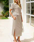 Collared Short-Sleeved Slit Skirt Two-Piece Set