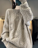 Wool Crew Neck Openwork Loose Slimming Sweater
