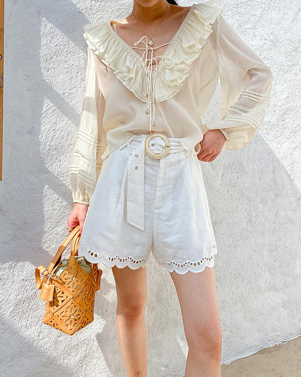 Cotton And Linen Embroidered Belt Shorts