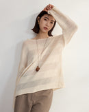 Loose-Fitting Striped Slightly Sheer Knit T-Shirt
