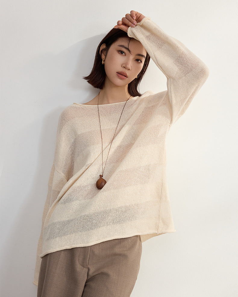 Loose-Fitting Striped Slightly Sheer Knit T-Shirt