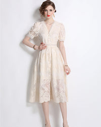French V-Neck Single-Breasted Dress