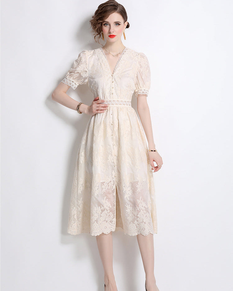 French V-Neck Single-Breasted Dress