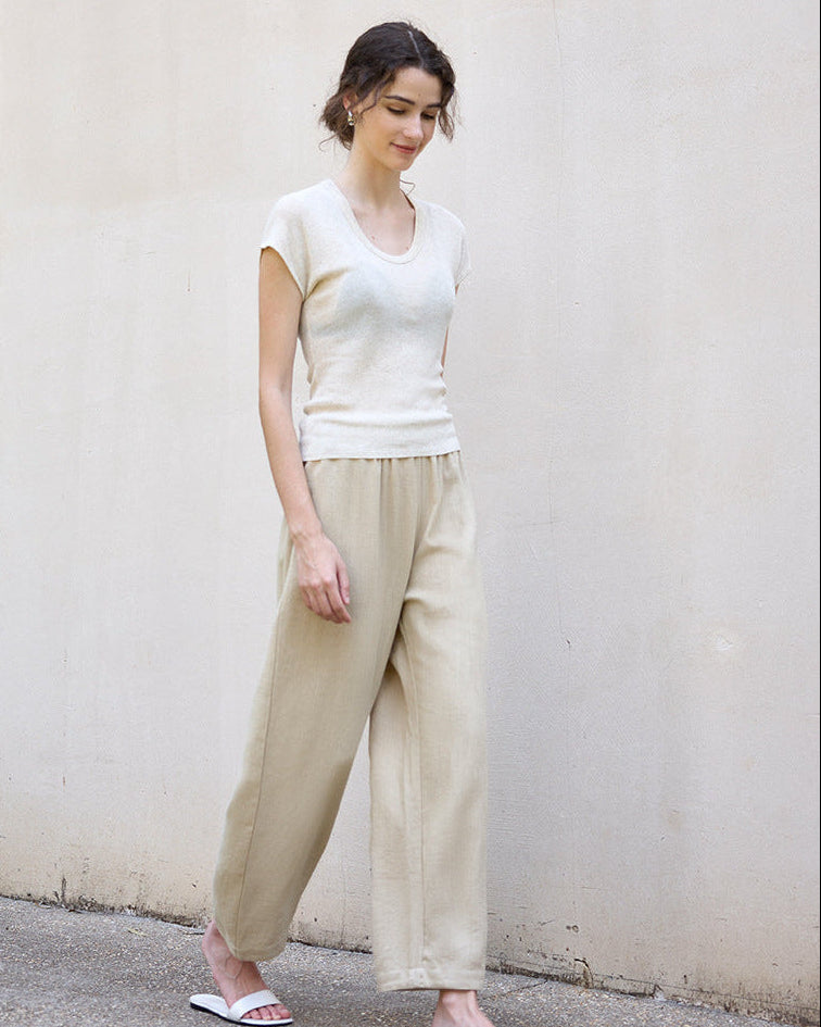 High Waist Linen-Blend Ankle Pants