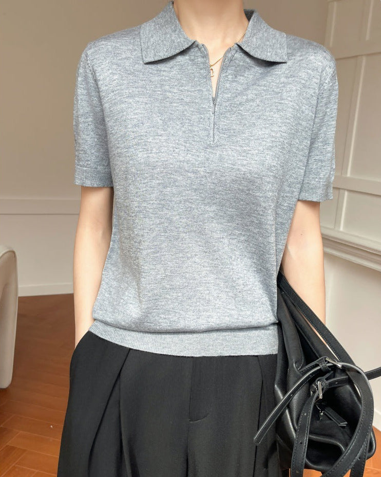 Thin Short-Sleeved Collared Sweater