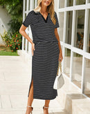 Collared Short-Sleeved Slit Skirt Two-Piece Set