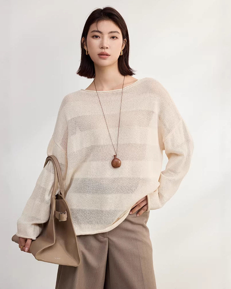 Loose-Fitting Striped Slightly Sheer Knit T-Shirt