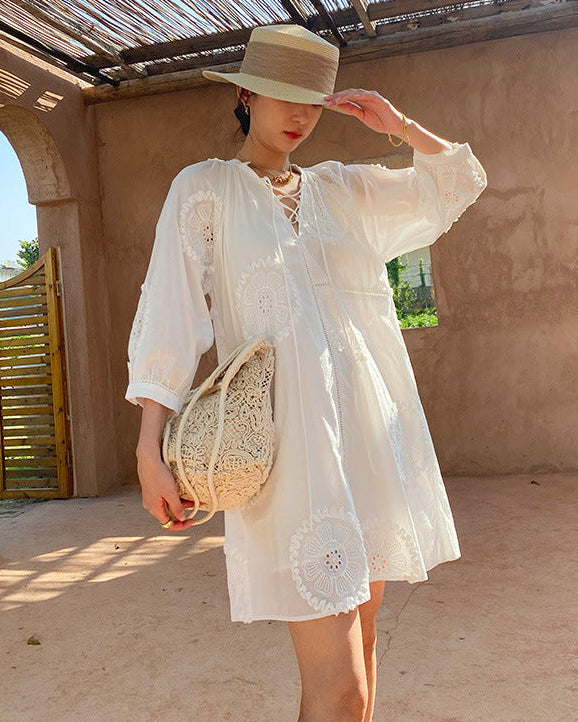 Pure Cotton Embroidered V-Neck A-Line Dress