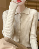 Wool Cardigan Polo Collar Knit Sweater