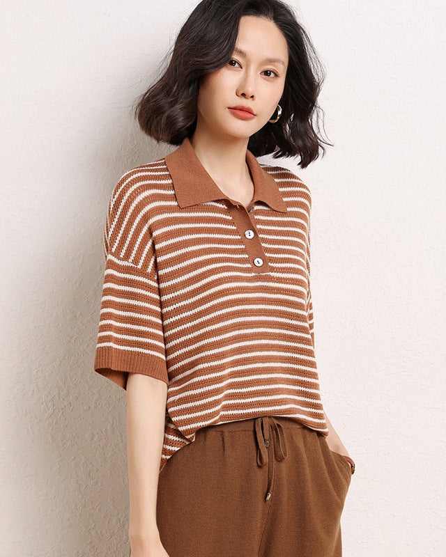 Casual Short-Sleeve Striped Wool Sweater