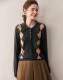 Cashmere Polo Collar Diamond Pattern Sweater