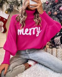 High-Neck Batwing Sleeve Christmas Knit Sweater