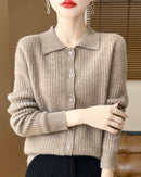 Wool Cardigan Polo Collar Knit Sweater