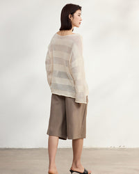 Loose-Fitting Striped Slightly Sheer Knit T-Shirt