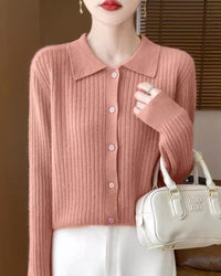 Wool Cardigan Polo Collar Knit Sweater