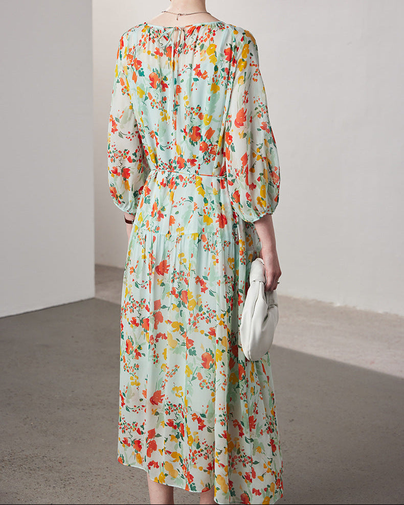 Printed Silk Three-Quarter Sleeve Dress