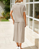 Collared Short-Sleeved Slit Skirt Two-Piece Set