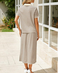 Collared Short-Sleeved Slit Skirt Two-Piece Set